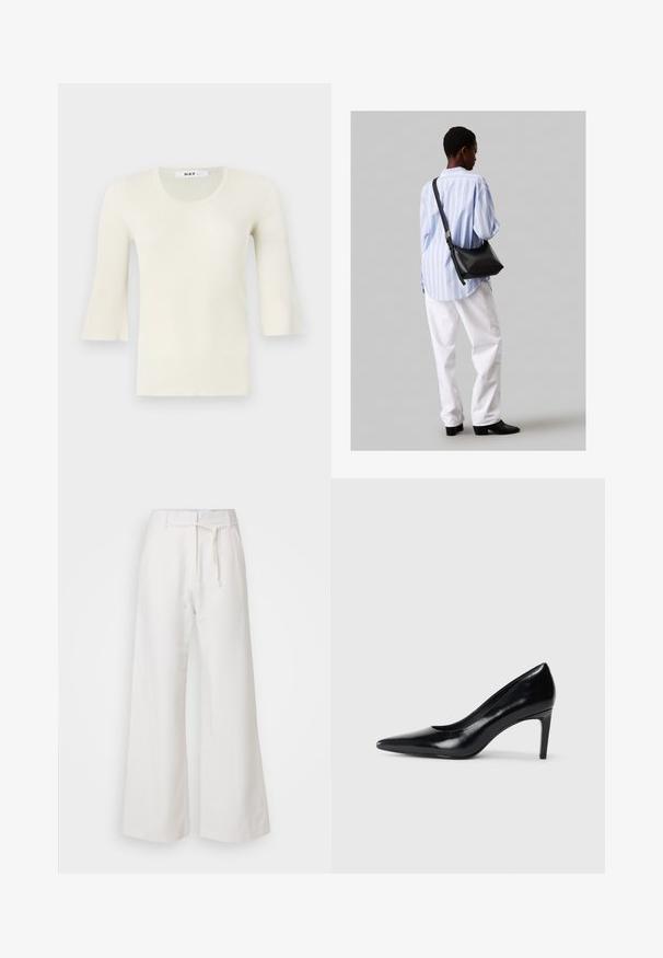 Top a maniche lunghe di colore crema chiaro a costine, con scollo rotondo e maniche a campana. Realizzato in un tessuto testurizzato, con una finitura morbida e design minimale.; DAY Birger et Mikkelsen TERRI SOLID - Pantaloni - cloud cream; Scarpa con tacco alto in pelle nera, con punta affusolata, texture liscia e tacco rastremato. Design minimalista, senza ulteriori decorazioni.; Borsa a tracolla in pelle nera con una texture morbida, forma triangolare e tracolla regolabile, abbinata a una camicia a righe blu chiaro e pantaloni bianchi.
