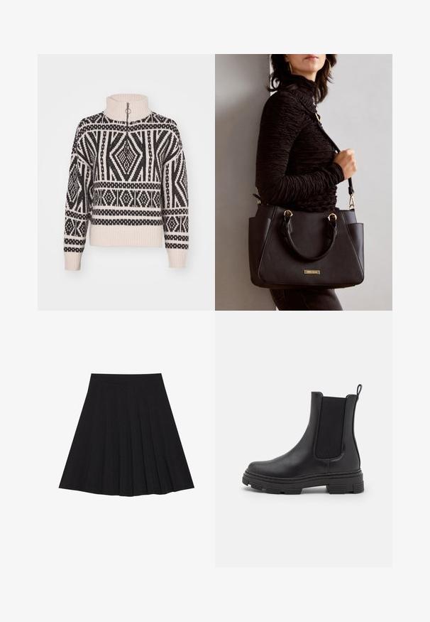 Knit sweater in cream with black geometric pattern, featuring a high collar and a quarter-zip closure. Ribbed cuffs and hem.; Black pleated skirt made of textured fabric with a fitted waistband. Falls to knee length, featuring a smooth, clean silhouette.; Black leather ankle boot with elastic side panels, rounded toe, and textured rubber sole. Features a loop at the back for easy wear.; Black handbag with textured surface, dual top handles, and adjustable shoulder strap. Features gold-tone hardware and side pockets.