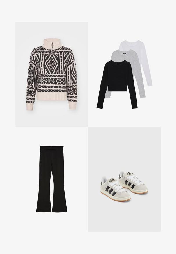 Knitpullover in Creme mit schwarzem geometrischem Muster, ausgestattet mit einem hohen Kragen und einem Viertelreißverschluss. Rippbündchen und Saum.; Drei langärmelige Oberteile gestapelt: schwarz, grau und weiß. Jedes hat einen runden Halsausschnitt und ein kurzes Design aus glattem, leichtem Stoff.; Schwarze Schlagleggings aus dehnbarem Stoff. Sie verfügen über einen breiten Bund und eine glatte Textur, mit einer enganliegenden Silhouette, die am Saum ausgestellt ist.; Graue Wildledersneaker mit weißen Schnürsenkeln, schwarzen Streifen und einer weißen Gummisohle. Merkmale sind ein kreisförmiges Logo auf der Zunge und eine Gummisohle.