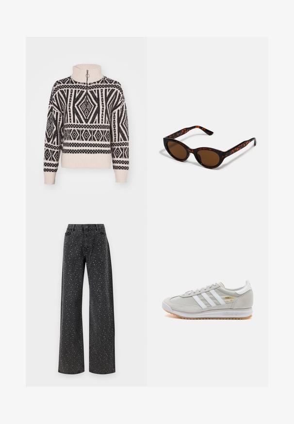 Pull en tricot crème avec motif géométrique noir, présentant un col haut et une fermeture à glissière quart. Manches et ourlet côtelés.; Noisy May NMJANNEL LOOSE - Jean boyfriend - black denim; Basket en cuir suédé et mesh gris clair, avec trois bandes blanches, bout rond et semelle en caoutchouc naturel. Accent logo doré près des lacets.; Lunettes de soleil en écaille de tortue marron avec une forme vintage de lunettes cat-eye et des verres marron. Présente des branches courbées avec des accents rouges.; Boucles d'oreilles en argent au design minimaliste. Forme circulaire, texture lisse et profil fin. Légères avec une finition polie.