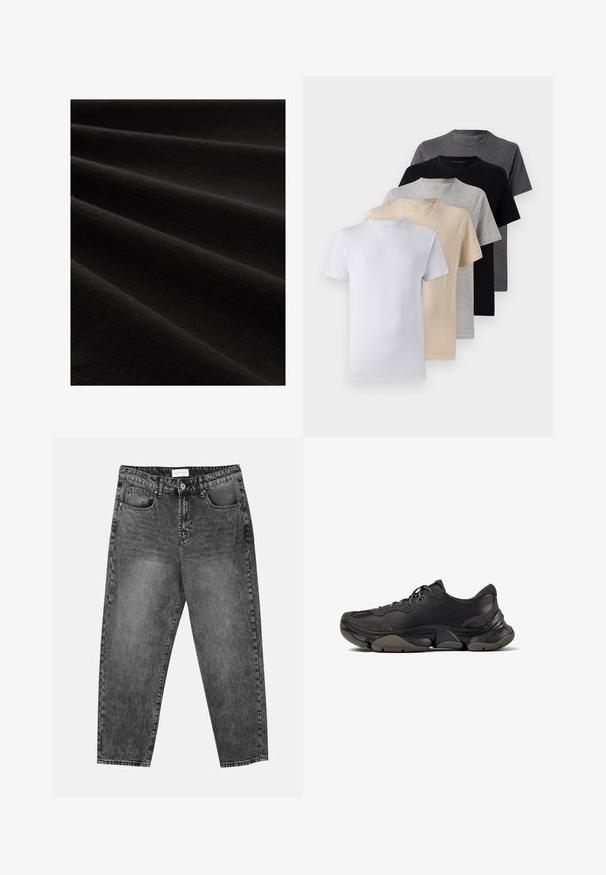 Material negru cu textură netedă, prezentat în pliuri, evidențiind un luciu subtil și un model fin țesut, subliniind aspectul său moale.; Set de cinci tricouri cu mânecă scurtă în alb, bej, gri deschis, gri închis și negru. Fabricate din bumbac fin, cu un design de gât rotund.; Blugi negri cu croială dreaptă, spălați, cu buzunare frontale și posterioare, curea și un sistem de închidere cu nasture la talie.; Adidași sport negri cu talpă texturată, partea superioară din piele și suede, guler captusit și închidere cu șireturi, prezentati în profil lateral.