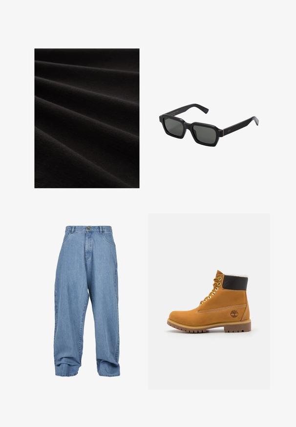 Fekete szövet sima textúrával, hajtogatva bemutatva, enyhe fényes felülettel és finom kötésmintával, kiemelve puha megjelenését.; Világoskék denim nadrág, laza fazonnal, gombos záródással, elülső zsebekkel és pohárkialakítással, klasszikus öt zsebes kialakítással.; Barna bőrből készült bokacsizma fém fűzőlyukakkal, fehér szőr béléssel, fekete párnázott gallérral, strapabíró talppal és dombornyomott logóval az oldalán.; Fekete, négyzet alakú napszemüveg szürke lencsékkel. Vastag műanyag keretek arany díszítéssel és márkázással a szárán. Sima felület.