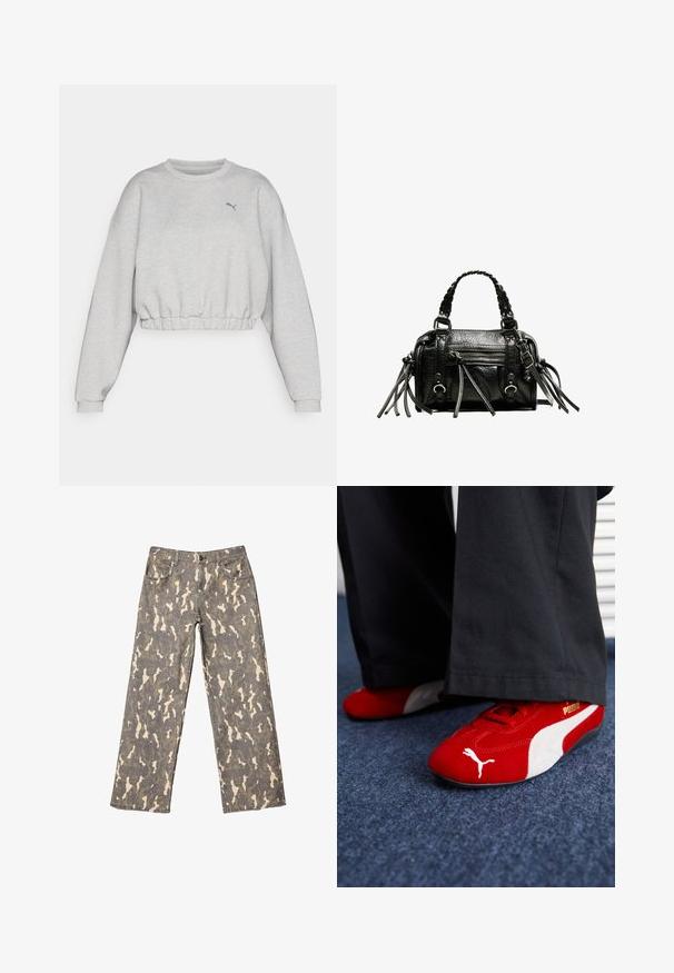 Svijetlo sivi skraćeni dukserica s rebrastim rubom, spuštenim ramenima i malim crnim Puma logotipom na prsima. Mekana tekstura tkanine.; Crop top s crnim raglan rukavima, bijelim tijelom, s velikom grafikom ružičastih usana i tekstom "FLACKD" te srebrnim naušnicama na usnama. Čipkane akcenti na rukavima.; Farmerke širokog kroja s uzorkom kamuflaže u sivoj, bež i smeđoj boji, prednjim džepovima, petljama za remen i zakqčavajem na dugme.; Crvene od nubuka tenisice s bijelim detaljima, sa teksturiranim materijalom, okruglim vrhom i zlatnim logom sa strane, nosi se s crnim hlačama.; Crna kožna torba s pletenim ručkama, teksturiranom površinom, prednjim džepom na patentni zatvarač i dekorativnim resicama. Kompaktna i strukturirana forma.