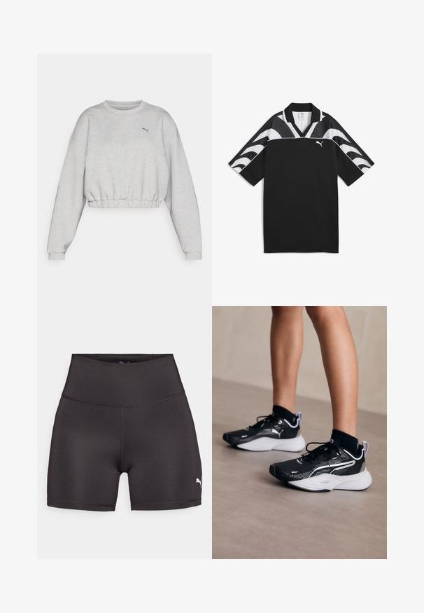 Heled hämardus hall lõigatud svampion, ribatud äärega, langenud õlgadega ja väikese musta Puma logoga rinnal. Pehme kangatekstuur.; Must muströöpidega must sportlik särk, V-kaelusega, lühikeste varrukatega ja valged lainemustrid ülemises osas. Esiosas väike valge logo.; Mustad must спортивные шорты, valmistatud siledast, venivast kangast. Kõrge vöökoht, tasasid õmblusi ja väike valge Puma logo küljel.; Mustad mustredsneakerid valgete aktsentidega, võrgust pealsed, paelad ja pehmendatud kand. Omab tekstureeritud tallat, mis tagab haarde.