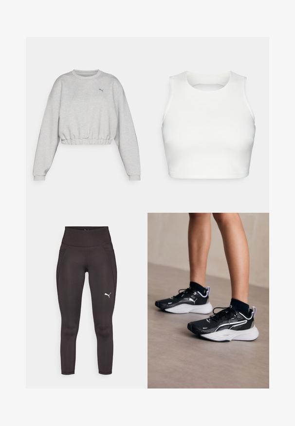Világosszürke, cropped pulóver bordázott szegéllyel, eső vállakkal és egy kis fekete Puma logóval a mellen. Puha anyagú textúra.; Fehér ujjatlan crop top sima anyagból, kerek nyakú, nyitott hátrésszel, rendezett varrásokkal az élein.; Fekete sportos leggings, rugalmas anyagból, magas derékkal, oldalsó zsebekkel és fehér logóval a bal lábon.; Fekete sportcipők fehér kiegészítőkkel, hálós felsőrésszel, fűzőkkel és párnázott sarokkal. A talp textúrázott, amely tapadást biztosít.