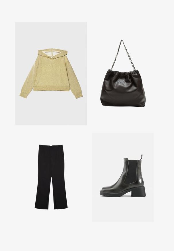 Zlatá, třpytivá mikina s širokým výstřihem, dlouhými rukávy a žebrovanými manžetami. Má texturovaný povrch a zkrácený střih.; Černé kalhoty s rovným střihem, s předními kapsami a bočními rozparky na lemu. Vyrobené z jemné, hladké tkaniny. Vhodné na různé příležitosti.; Černé kožené kotníkové boty s hladkým povrchem, elastickými bočními panely a masivním podpatkem. Obsahují poutko pro snadnější nazouvání.; Hnědá kožená taška se sbíraným vrškem a řetízkovým popruhem. Hladký povrch s lesklým finišem a jemným švem na bocích.