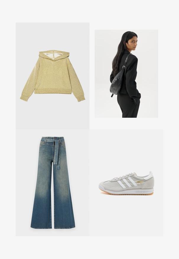 Aukso, blizganti kapišonas su plačiu kaklo iškirpimu, ilgomis rankovėmis ir raukšlėtomis rankogaliais. Yra tekstūruotas paviršius ir trumpas dizainas.; Platus džinsinis kelnes su šviesiai tamsiai mėlynu gradientu, aukštu juosmeniu, diržo kilpomis ir atitinkančiu audinio diržu. Textūruotas džinsinis paviršius.; Šviesiai pilki sportbačiai, pagaminti iš zomšos ir tinklinės medžiagos, su trimis baltais dryžiais, apvaliu pirštu ir guma padu. Auksinė logotipo detalė šalia raištelių.; Moteris su ilgais tamsiais plaukais, vilkinti juodą kostiumą, nešanti juodą odinę rankinę per petį, žvelgia per petį prieš balto fono.