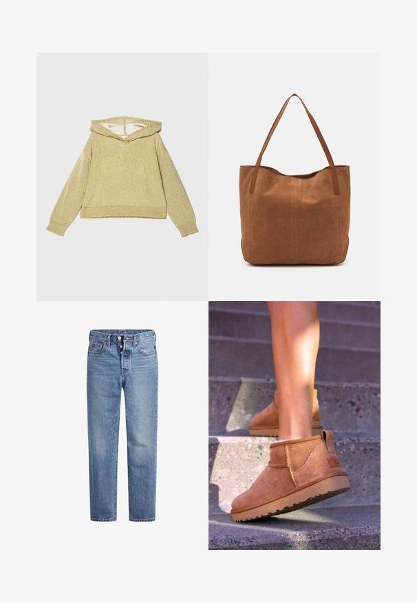 Goldener, funkelnder Hoodie mit weitem Ausschnitt, langen Ärmeln und gerippten Bündchen. Verfügt über eine strukturierte Oberfläche und ein verkürztes Design.; Helle blaue Jeans im geraden Schnitt, mit fünf Taschen und einem Knopfverschluss. Sie weisen dezente Verfärbungen und orangefarbene Nähte auf.; Beige Wildleder-Ankelstiefel mit weicher Textur, gesteppten Details und einer Gummisohle, ausgestattet mit einer Schlaufe an der Ferse für einfaches An- und Ausziehen.; Braune Wildleder-Tote mit zwei langen Henkeln, die eine glatte Textur, ein einfaches Design und keine sichtbaren Beschläge oder Akzente aufweist.