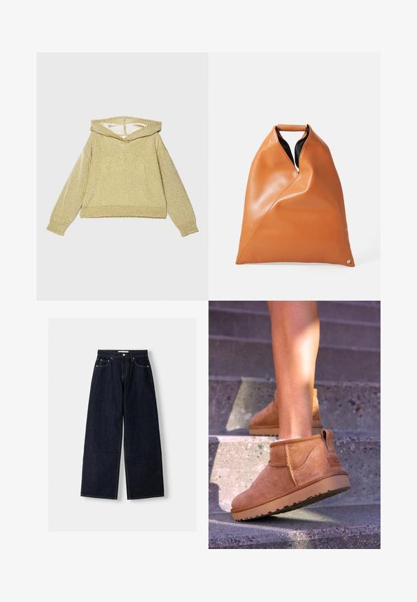 Felpa dorata e scintillante con scollatura ampia, maniche lunghe e polsini a coste. Presenta una finitura texturizzata e un design cropped.; Jeans a gamba larga in denim blu scuro con vita alta, cinque tasche, cuciture a contrasto e hardware in metallo argentato. Texture liscia e finitura pulita.; Stivali alla caviglia in suede beige con una consistenza morbida, dettagli cuciti e suola in gomma, dotati di un tacco ad anello per una facile vestibilità.; Borsa in pelle marrone chiaro con pieghe triangolari, manico superiore e interno nero su uno sfondo bianco puro.