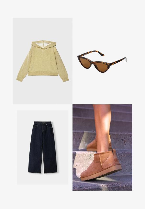 Gouden, sprankelende hoodie met een brede halslijn, lange mouwen en geribbelde cuffs. Heeft een gestructureerde afwerking en een cropped ontwerp.; Donkerblauwe denim wijduitlopende jeans met een hoge taille, vijf zakken, contrasterende stiksels en zilveren metalen hardware. Gladde textuur en een nette afwerking.; Tamme suède enkelboots met een zachte textuur, gestikte details en een rubberen zool, met een lusvormige hak voor gemakkelijk aan- en uittrekken.; Cat-eye zonnebril met een zwart en oranje schildpadframe, bruine lenzen en slanke, puntige uiteinden. Bevat een minimalistisch logo op de poot.
