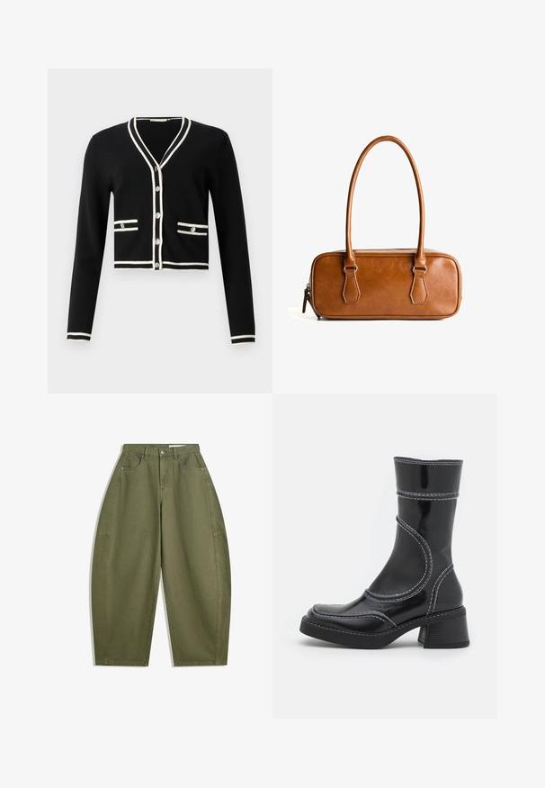 Fekete, rövidre szabott kardigán hosszú ujjakkal, fehér díszítéssel a dekoltázsnál és a zsebeknél, öt gomb a fronton, sima textúrával.; Olívazöld, bő szárú pamutnadrág, magas derékkal, elülső zsebekkel és sima textúrával. Nincsenek díszítések vagy minták.; Fekete lakkbőr bokacsizma fehér varrással, kerek orral és blokk sarkal. Görbült formai vonalakkal és sima textúrával rendelkezik.; Barna bőr kézitáska, két hosszú fogantyúval, téglalap alakú, sima textúrájú, cipzáras záródással és ezüstszínű fém részletekkel.