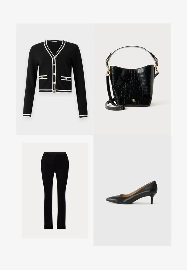 Černý zkrácený kardigán s dlouhými rukávy, bílý lem kolem výstřihu a kapes, pět knoflíků vpředu, hladká textura.; Černé kalhoty vyrobené z hladkého, sametovému podobného materiálu. Přizpůsobený střih se rovnými nohavicemi, s tradičním pasem a poutky na pásek.; Černé kožené lodičky s špičatou špičkou, nízkým podpatkem a hladkým povrchem. Mají mírné otevření vpředu a minimální kovové prvky na zadní straně.; Černá kožená taška s krokodýlím vzorem, zakřiveného tvaru, se zlatými kovovými akcenty, nastavitelným popruhem a logem na přední straně.