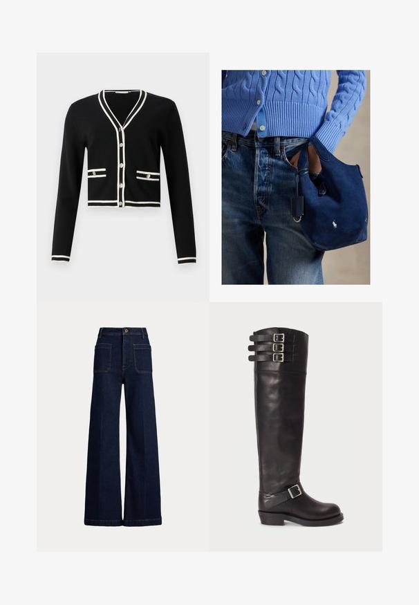 Crni skraćeni kardigan s dugim rukavima, bijeli rub na izrezu i džepovima, pet gumba sprijeda, glatka tekstura.; Široke tamnoplave traperice s visokim strukom, pet džepova i kontrastnim šavovima. Imaju zatvaranje na gumb i strukturirani oblik.; Crne kožne čizme do koljena s zaobljenim vrhom, tri remenska kopče na vrhu i bočnim detaljem kopče. Ravni potplat i glatka tekstura.; Tamnoplava kožna torba od brušene kože s mekanom teksturom, dvostrukim ručkama i malom privjeskom. Na prednjoj strani nalazi se bijeli logo i zaobljeno dno.