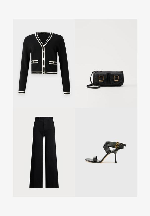 Fekete, rövidre szabott kardigán hosszú ujjakkal, fehér díszítéssel a dekoltázsnál és a zsebeknél, öt gomb a fronton, sima textúrával.; Fekete, bő szárú nadrág szőtt anyagból, magas derékkal, elől gombos záródással és oldalzsebekkel. Simává textúrával és letisztult vonalakkal.; Fekete magassarkú szandál keresztpántos dizájnnal és állítható csattal. Simább felülettel és hegyes tűsarkúval rendelkezik.; Fekete bőr keresztbody táska két elülső zsebbel, arany csattokkal, cipzáras záródással és vékony pánttal. Textúrált felület és kompakt téglalap alak.