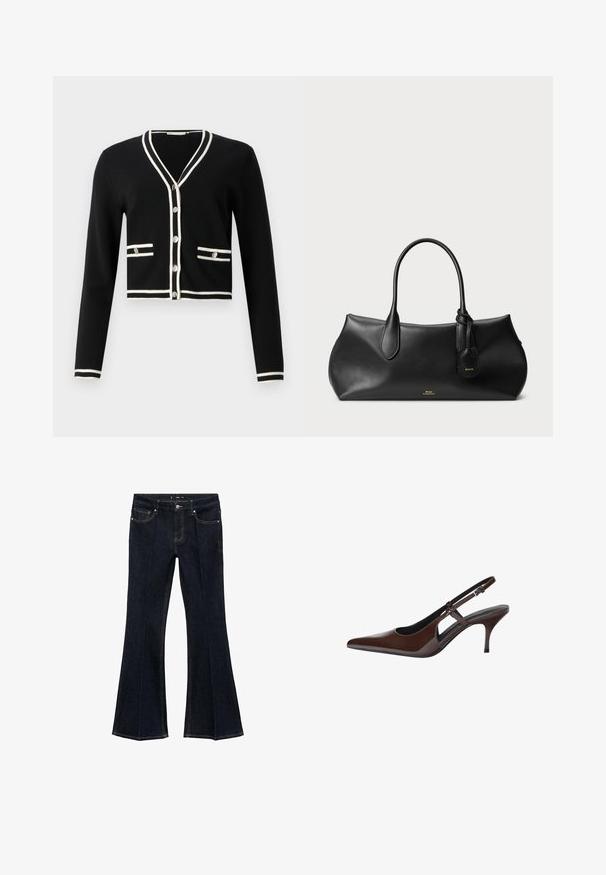 Svart kort cardigan med långa ärmar, vit kant runt utfodringen och fickorna, fem knappar framtill, slät textur.; Mörkblå jeans i denim med hög midja, framfickor och vidare ben, uppvisade platt på en vit bakgrund.; Bruna patenterade läderslingback pumps med spetsig tå, öppna utskärningar och en tunn klack. Har ett justerbart spänne.; Svart läderhandväska med slät textur, rundad form, två handtag och en liten tagg fäst. Diskret varumärkeslogo i guld på framsidan.