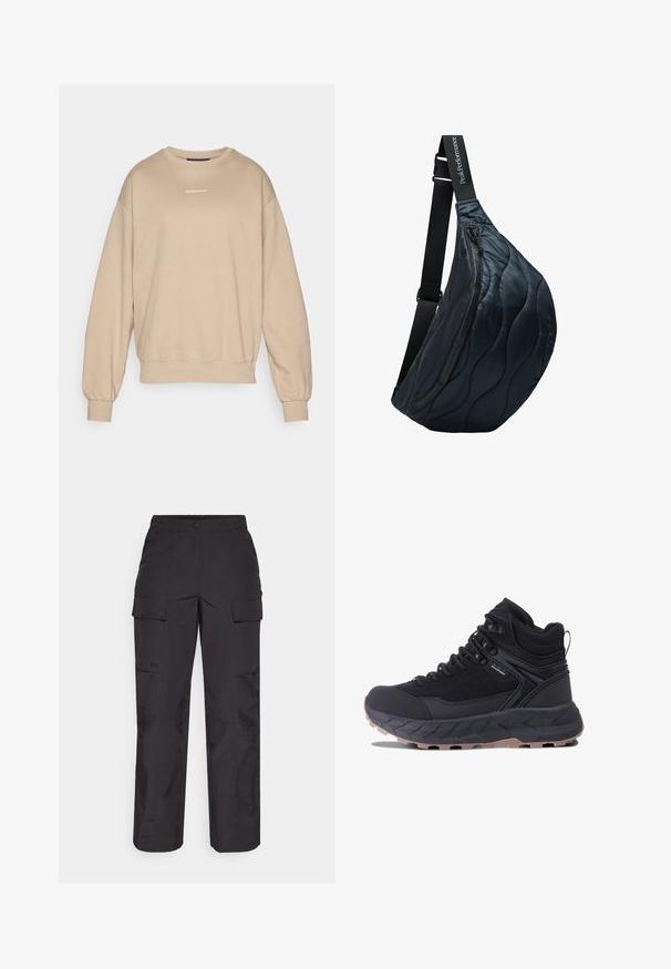 Beżowy sweter wykonany z miękkiego materiału, z okrągłym dekoltem, ściągaczami u rękawów i małym białym logo na piersi. Strukturalny i luźny krój.; Czarne spodnie cargo wykonane z trwałego materiału, z wieloma bocznymi kieszeniami, z zapięciem na guzik oraz luźnym krojem z prostymi nogawkami.; Czarne trampki za kostkę z wodoodpornym designem, wyściółką przy kostce, wystającymi sznurowadłami i teksturowaną podeszwą dla lepszej przyczepności.; Czarna, pikowana torba na ramię o zaokrąglonym kształcie, z zamkiem błyskawicznym i regulowanym paskiem z brandingiem "PeakPerformance". Gładka, błyszcząca faktura.