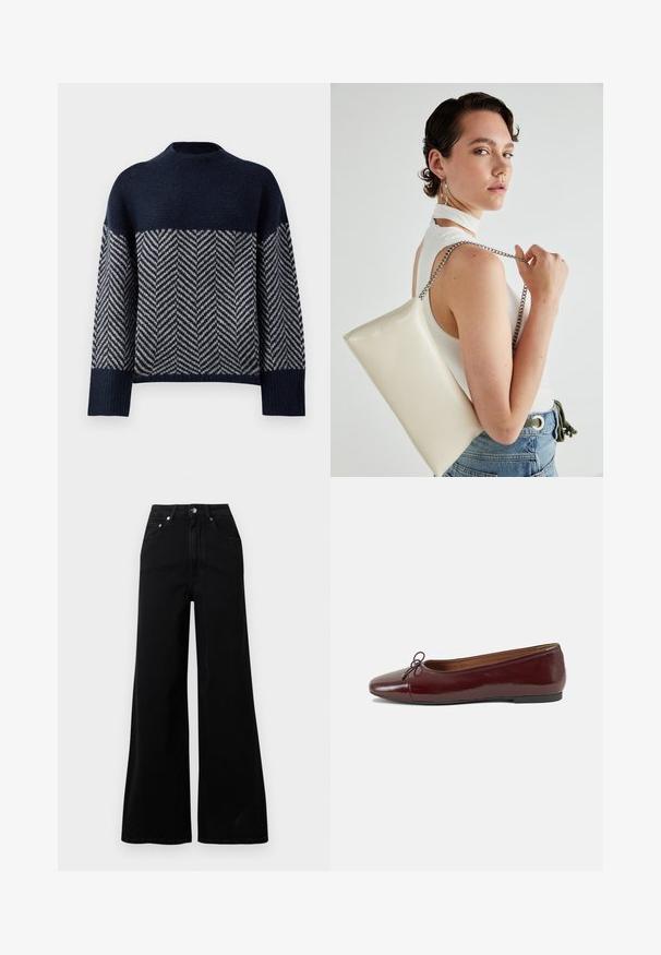 Sötétkék pulóver magas nyakkal, krémszínű élénkával. Texturált kötött anyag, leeső vállvarrással és bordázott mandzsettákkal.; Fekete, széles szárú farmernadrág denimből, magas derékkal, öt zsebbel, elülső gombos záródással és minimális varrási részletekkel.; Burgundi lakkbőr balettcipő kerek orral, elöl kis masni díszítéssel és alacsony, fekete gumi talppal. Simára csiszolt felület.; Fehér, téglalap alakú, fényes anyagból készült clutch táska, ezüst láncos pánttal. A modell pózol, bemutatva a táskát egy egyszínű háttér előtt.