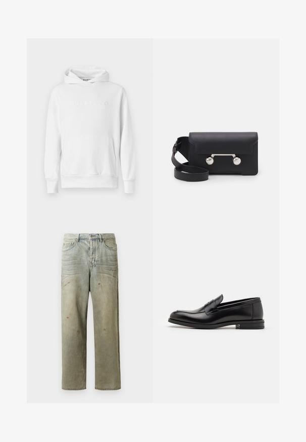 Balts kapuce ar priekšējo kangaru kabatu, siksniņu kapuci un iepresēto "QUARTZ CO" logotipu uz krūtīm. Mīksts kokvilnas audums.; Izsistās džinsās gaisā zaļā krāsā, ar taisnu kāju, piecu kabatu dizainu un nevienmērīgu izbalēšanu, kā arī krāsas šļakatas.; Melnas ādas kurpes ar gludu tekstūru, noapaļu purngalu un dekoratīvu siksniņu pāri priekšpusei. Zems sakrauts papēdis, minimālisma dizains.; Melna ādas crossbody soma ar atloku aizdari, sudraba toņu aparatūru un divām apaļām detaļām. Iespējams noņemt siksnu. Gluda tekstūra.