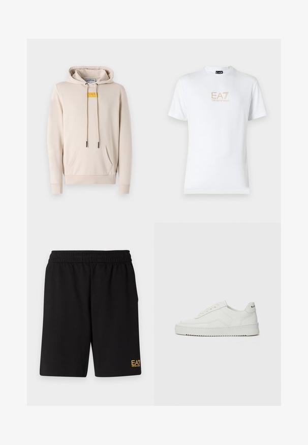 Felpa beige realizzata in un tessuto morbido, con tasca frontale, cappuccio con cordino e un distintivo patch giallo sul petto.; T-shirt bianco in cotone con scollatura rotonda e maniche corte, con il logo oro EA7 Emporio Armani stampato sul fronte.; Pantaloni sportivi neri realizzati in tessuto morbido, con vita elastica e un piccolo logo EA7 giallo sulla parte bassa della gamba sinistra.; Sneaker in pelle bianca con una finitura liscia, punta rotonda, lacci piatti e suola testurizzata. Presenta un logo discreto sul tallone.