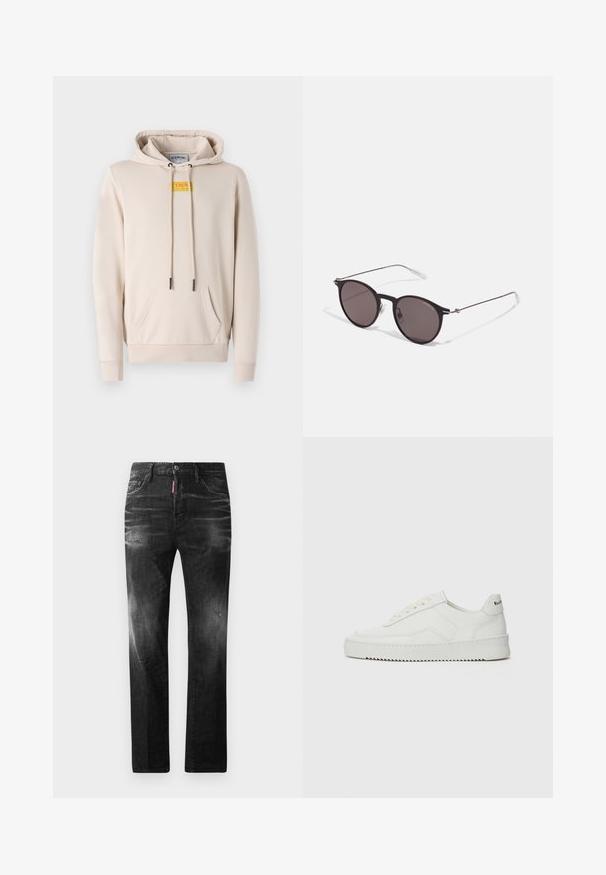 Beige mikina vyrobená z měkké tkaniny, s přední kapsou, kapucí na šňůrku a výraznou žlutou nášivkou na hrudi.; Černé bavlněné tričko s kulatým výstřihem, krátkými rukávy a logem "EMPORIO ARMANI" v bílém nad nápisem "Milano" v zakřiveném provedení.; Černé džíny z denimu se rovnými nohavicemi. Obsahují vybledlé oblasti, drobné poškození, klasický pětikapsový design a zapínání na knoflík.; Bílé kožené tenisky s hladkým povrchem, kulatou špičkou, plochými tkaničkami a texturovanou podrážkou. Na patě se nachází nenápadné logo.; Černé kulaté sluneční brýle s tmavými skly a tenkými kovovými nohami. Obsahují průhledné koncovky nožiček a stříbrné akcenty na pantu. Minimalistický design.