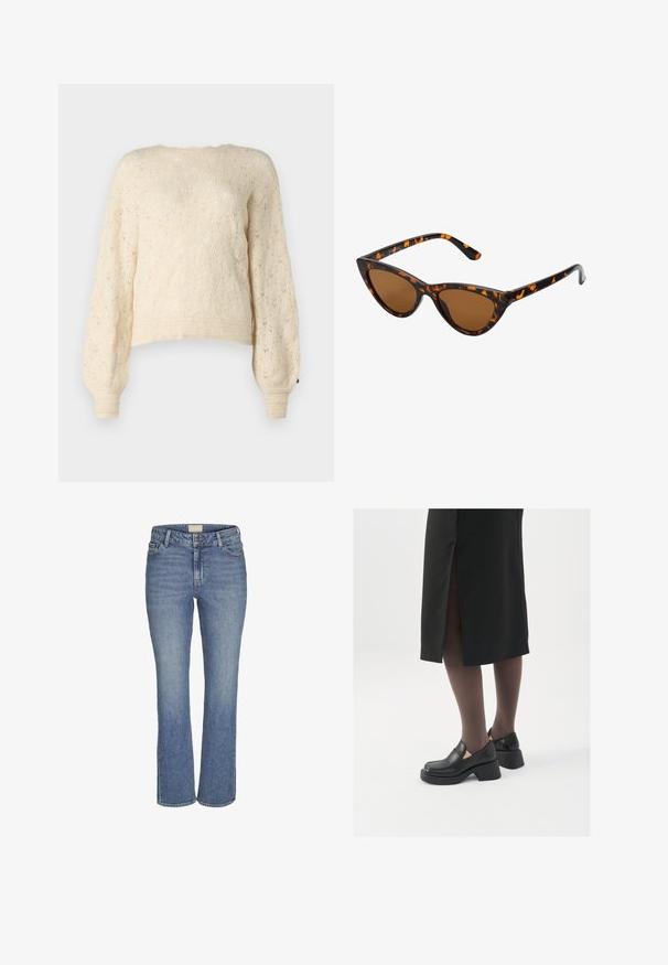 Kremowy sweter dzianinowy z fakturowanym wzorem w diamenty, długimi bufkami i ściągaczami. Skrócony krój dodaje nowoczesnego akcentu.; Niebieskie dżinsy straight-leg z zamkiem błyskawicznym i guzikiem z przodu, z pętlami na pasek oraz przednimi i tylnymi kieszeniami.; Czarne skórzane buty z okrągłym noskiem, grubym blokowym obcasem i elastycznymi akcentami po bokach, zestawione z ciemnymi rajstopami i czarną spódnicą z rozcięciem.; Okulary przeciwsłoneczne w kształcie kocich oczu z czarno-pomarańczową oprawą w deseń żółwia, brązowymi soczewkami i eleganckimi, spiczastymi końcówkami. Posiadają minimalistyczne logo na zauszniku.; Mała torebka w kolorze kremowym z teksturowanym wykończeniem, długim regulowanym paskiem, akcentem z łańcucha oraz zapięciem na klapkę. Wykończenia w kolorze złotym.