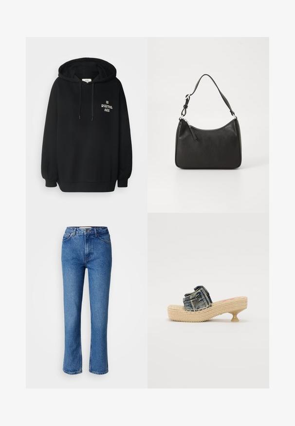 Melna kapuci, kas izgatavota no kokvilnas un sintētisko šķiedru maisījuma, ar garām piedurknēm, ribotiem manžetiem un baltu uzrakstu "IS DIGITAL AGE".; Zilā džinsā ar taisnu kāju griezumu, ar klasisku piecu kabatu dizainu, oranžiem šuvumiem un pogu aizdari.; Denima slīdošas sandales ar austo platformu un mazu papēdi. Izceļas ar dekoratīvo šuvju un metalizētu akcentu uz augšējā siksniņa.; Melnas ādas rokassomu ar izliekta formu, vienu siksnu, ar rāvējslēdzēju aizdari un diskrētu zīmolu uz priekšpuses. Gluda tekstūra, minimālisma dizains.