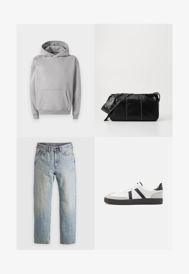 Felpa grigia con cappuccio realizzata in tessuto morbido, dotata di tasca frontale, polsini a costine e una vestibilità casual. Texture liscia con un design minimalista.; Jeans in denim azzurro chiaro con vita alta, bottone anteriore, cerniera e design a cinque tasche, adagiati su uno sfondo neutro.; Sneaker bianco con accenti neri e grigi, dotata di una punta grigia testurizzata, suola in gomma nera e lacci bianchi piatti. Design pulito, stile minimalista.; Borsa a spalla in pelle nera con chiusura a zip, caratterizzata da un corpo testurizzato, cuciture bianche e una tracolla con occhielli in argento.