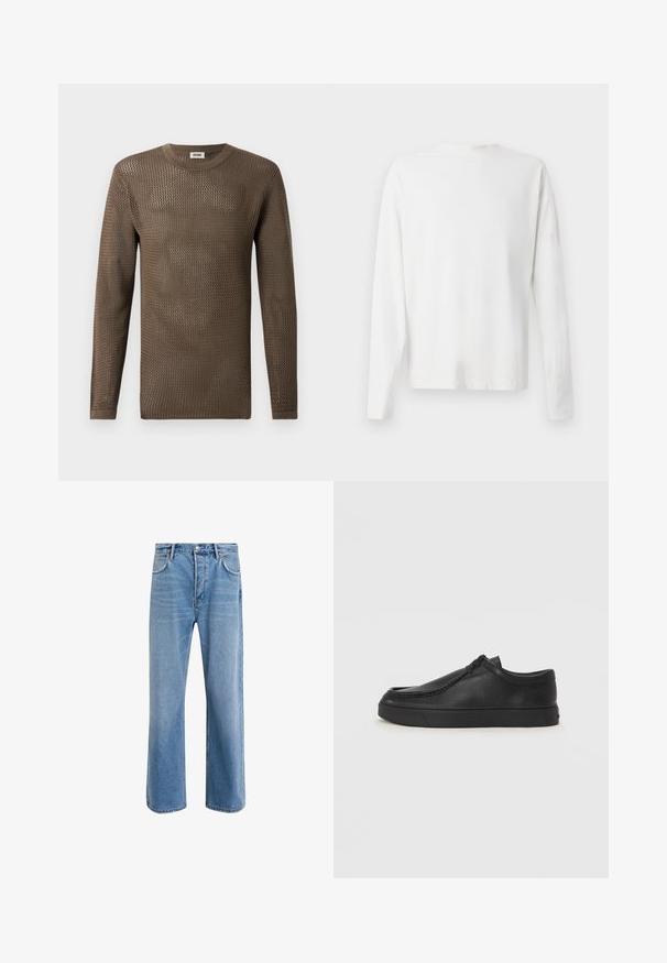 Pulover tricotat lung, de culoare maro, cu un model texturat și plasat. Guler rotund și manșete striate completează designul.; Cămașă albă din bumbac cu mâneci lungi, decolteu rotund, fante pe laterale la baza, cu o textură netedă, expusă din spate.; Jeans din denim bleu deschis cu un design drept, cinci buzunare, închidere cu buton, decolorare minimă și detalii de cusătură în contrast.; Pantofii din piele neagră, fără șireturi, cu vârful rotund, detalii cusute și talpă din cauciuc negru. Textură netedă cu un design minimalist.