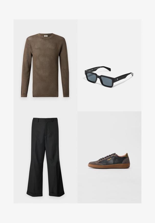 Brown, long-sleeve knit sweater with a textured, open-weave pattern. Rounded neckline and ribbed cuffs complete the design.; Black wide-leg trousers with buttoned waistband and cuffed hems, displayed against a plain white background.; Low-top sneaker in black and brown leather with suede details, lace-up front, and a textured brown rubber sole, logo on the side panel.; Black rectangular sunglasses with a matte finish, dark tinted lenses, and subtle logo detail on the side of the frame. Unique angular design.