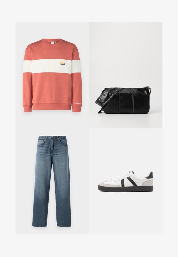 Sarkans-oranžs džemperis ar balu horizontālu joslu, kuram ir maza izšūta saule un "PEPE JEANS" logo uz krūšu daļas. Izgatavots no kokvilnas maisījuma materiāla.; Taisni kāju zili džinsi ar izbalējušu apdari, piecdesmit kabatu dizains, metalizēta pogu un jostas cilpas. Strukturēta, vidēji smaga auduma.; Baltas sneakeris ar melniem un pelēkiem akcentiem, kuram ir teksturēts pelēks purngals, melna gumijas zole un plakanas baltas šņores. Tīrs dizains, minimālisma stils.; Melnas ādas plecu soma ar rāvējslēdzēja aizdari, ar teksturētu virsmu, baltu dūrienu un siksnu ar sudraba iekavām.