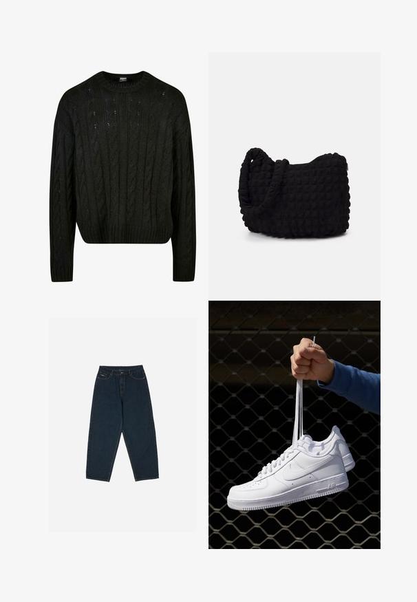 Svart strikket genser med kabler, rund hals, senket skuldre og ribbestrikket kant. Midt-kort design med en teksturert finish.; Mørkeblå høytlivs jeans med avslappet passform, med fem lommer og knappelukking. Laget av denim med en glatt tekstur.; Hvite skinnsneakers med perforeringer, rund tå, flat såle og tykke lisser, med en synlig swoosh-logo og "AIR" på hælen.; Svarte tekstilveske med en strukturert, quiltet mønster. Rund form, korte, tykke håndtak og en myk, fleksibel struktur.