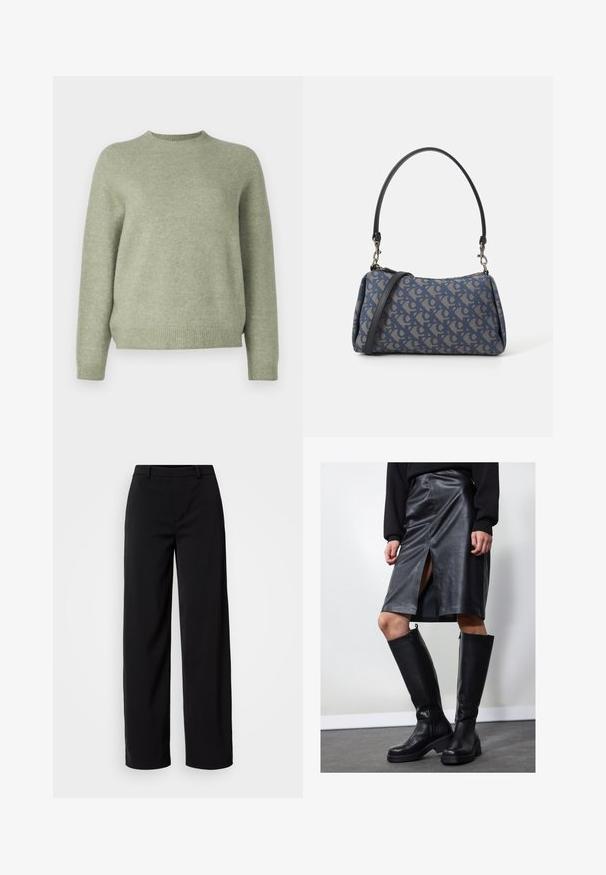 DRYKORN PEMIRI - Pulover - green; Pantaloni negri cu picioare largi, confecționați dintr-un material neted, având un talie clasică și o siluetă ajustată, cu buzunare frontale.; Fustă conică neagră din piele, cu deschidere frontală, asociată cu cizme negre până la genunchi cu fermoare și talpă masivă pentru un plus de înălțime.; Geantă de mână cu un model albastru, confecționată din țesătură, având o formă curbată, curea din piele neagră și un design al logo-ului într-o nuanță mai deschisă.