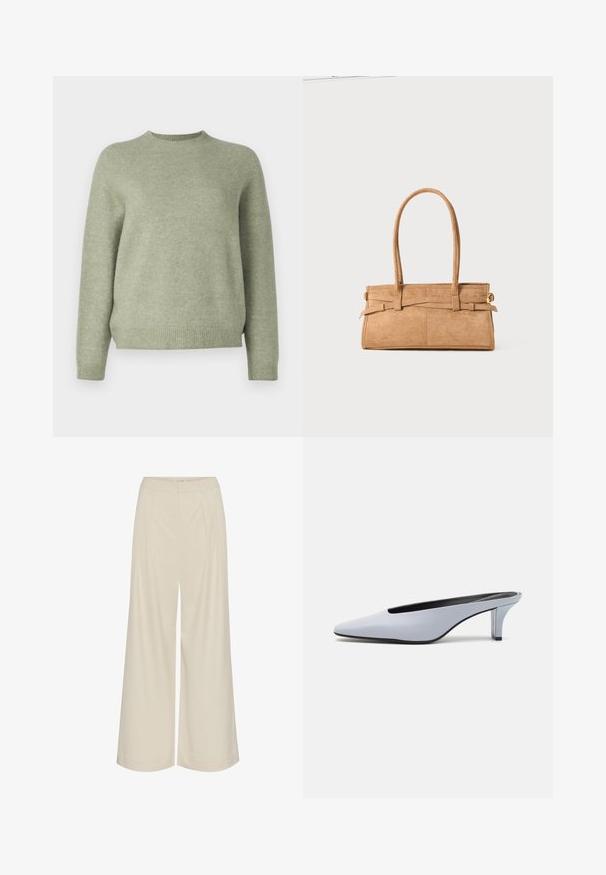 DRYKORN PEMIRI - Pulover - green; Široke hlače iz svetlo bež tkanine, z gubami, visokim pasom in gladko strukturo brez vidnih okraskov.; Svetlo modre lakirane mule s poudarjenim nosom, nizkim prozornim petam in elegantnim dizajnom z izrezom na sprednjem delu.; Torba iz bež sued kožne teksture z dvema dolgima ročajema, pravokotne oblike in okrasnim šivanjem. Ima stranski trak in subtilne zlate detajle.