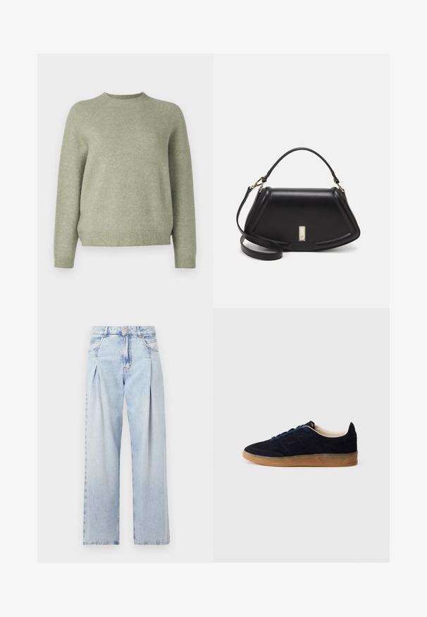 DRYKORN PEMIRI - Neule - green; Vaaleansiniset farkut, joissa on korkea vyötärö, leveälahkeinen leikkaus, kaksi sivutaskua ja pleatattu muotoilu. Pehmeä rakenne, jossa on haalistunut viimeistely.; Laivastonsininen mokkanahkainen tennari, jossa on kuminahkainen pohja, siniset nauhat ja minimalistinen muotoilu. Sivussa on kohokuvioitu logo ja sisäpuolella sileä vuori.; Mustalla nahkalaukulla, jossa on jämäkkä muotoilu, lyhyt malli, yläkahva ja kultaiset yksityiskohdat. Säädettävä olkahihna sisältyy.