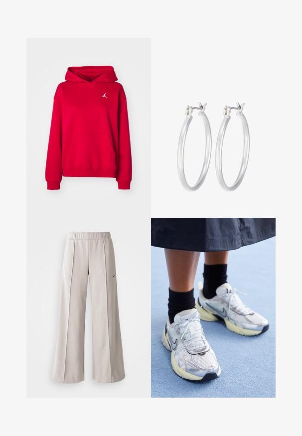 Czerwona bluza z kapturem, wykonana z miękkiego materiału, z przednią kieszenią i białym haftowanym logo na piersi. Ściągacze przy rękawach i u dołu.; Przycięta koszulka w jasnym różu, wykonana z miękkiego materiału. Posiada okrągły dekolt i krótkie rękawy z małym białym logo Nike na klatce piersiowej.; Jasnoszare spodnie o szerokich nogawkach, wykonane z gładkiego materiału. Posiadają elastyczny pas i czarne logo Nike po lewej stronie.; Białe i srebrne sneakersy Nike z siateczkowym materiałem, odblaskowymi akcentami i beżową podeszwą. Noszone z czarnymi skarpetkami, stojące na niebieskiej powierzchni.; Srebrne kolczyki w formie kółek o gładkim, polerowanym wykończeniu. O okrągłym kształcie i pewnym zapięciu na klik. Lekka konstrukcja odpowiednia do codziennego noszenia.