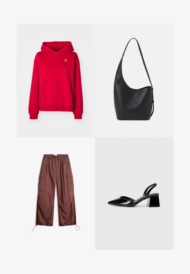 Hanorac roșu cu glugă, fabricat dintr-un material moale, având un buzunar frontal și un logo brodat alb pe piept. Manșete și tiv elastic.; Pantaloni cargo maro cu picioare largi, brâu elastic, șnur de ajustare, buzunare laterale mari și sârme ajustabile la gleznă.; Pantofi cu toc slingback din piele lacuită neagră, cu vârf ascuțit și toc geometric. Prezintă un design elegant, minimalist și o textură netedă.; Geantă hobo din piele neagră, cu o textură netedă, formă curbată și un singur bretele ajustabil; are o deschidere largă în partea de sus.