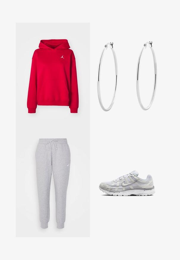 Sudadera con capucha roja de tela suave, con un bolsillo frontal y un logo bordado en blanco en el pecho. Puños y dobladillo acanalados.; Pantalones de chándal de color gris claro con cintura ajustable, piernas ajustadas y un pequeño logo blanco en el muslo izquierdo. Hechos de una tela suave y texturizada.; Zapatillas deportivas de color gris claro con una parte superior de malla y sintético, que cuentan con un cierre de cordones, collar acolchado y suela texturizada para mayor agarre.; Pendientes de aro de plata con una superficie lisa y pulida y una forma circular delgada. El diseño cuenta con un cierre seguro.
