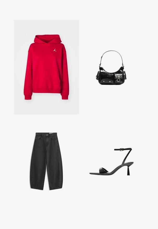 Piros kapucnis pulóver, puha anyagból készült, elöl zsebbel és fehér hímzett logóval a mellrészen. Bordás mandzsetták és szegély.; Fekete, bő szárú farmernadrág magas derekú, elülső zsebekkel, övlyukakkal és gombos zárással, síkban bemutatva egy fehér háttéren.; Bershka Magas sarkú szandálok - black; Fekete lakkbőr kézitáska ívelt formával, egy vállpánttal, elülső zsebekkel és ezüstszínű fémrészletekkel.