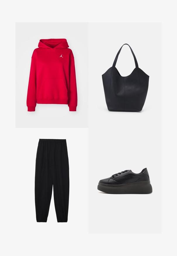 Felpa con cappuccio rossa realizzata in tessuto morbido, dotata di una tasca frontale e di un logo ricamato bianco sul petto. Polsini e orlo a coste.; Pantaloni neri leggeri con vita elastica e caviglie arricciate. Il tessuto è liscio e presenta un design rilassato e affusolato.; Sneaker nera con tomaia liscia in materiale sintetico, punta arrotondata e sei passanti. Presenta una suola spessa e texturizzata per aderenza e supporto.; Borsa tote nera realizzata in pelle liscia, con una parte superiore curva e aperta, dotata di due manici per spalla e un design minimalista.