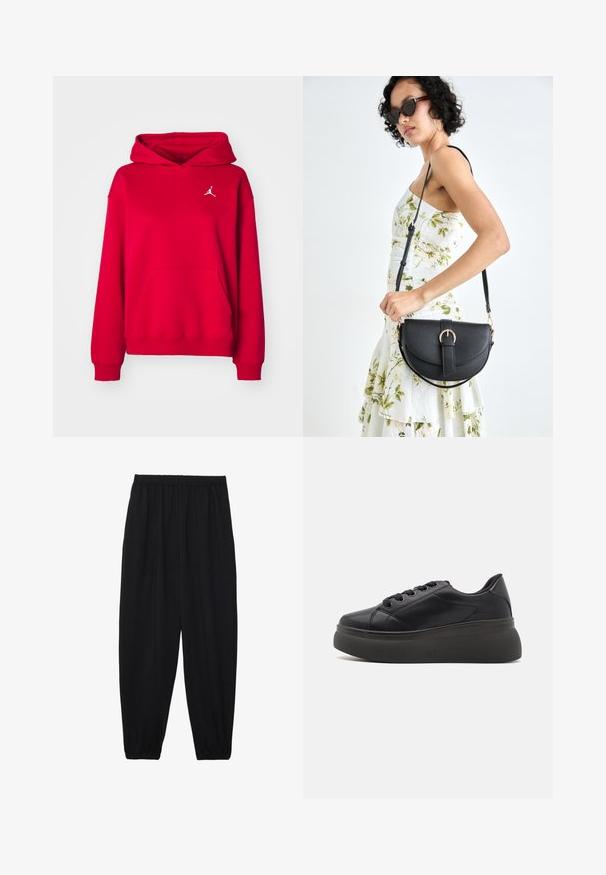 Czerwona bluza z kapturem, wykonana z miękkiego materiału, z przednią kieszenią i białym haftowanym logo na piersi. Ściągacze przy rękawach i u dołu.; Czarne, lekkie spodnie z elastycznym pasem i ściągaczami na kostkach. Materiał jest gładki i ma luźny, zwężany krój.; Czarne sneakersy z gładką, syntetyczną cholewką, zaokrąglonym noskiem i sześcioma oczkami. Posiadają grubą, teksturowaną podeszwę zapewniającą przyczepność i wsparcie.; Czarna skórzana torebka o zakrzywionym kształcie, z odpinanym paskiem i złotymi akcentami. Torebka posiada klapę z zapięciem w kształcie klamry.