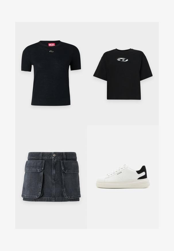 Fekete, rövid ujjú póló, kerek nyakkal, puha anyagból készült, a nyakkivágásnál egy lekerekített ezüst kiegészítővel és egy piros címkével.; Fekete pamut póló, cropped fazonnal, rövid ujjakkal és kerek nyakkivágással. Különböző színű ovális logóval a mellkason.; Fekete farmer szoknya, illeszkedő derékkal, gombos záródással, két nagy elülső zsebbel és kontrasztos varrási részletekkel.; Fehér bőr sportcipők vastag fehér talppal, fekete velúr sarokpikkelyel és dombornyomott logóval az oldalon. Fűzős kialakítás, hat fűzőlyukkal.