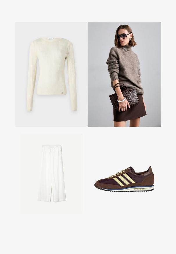 Crème rib gebreide trui met lange mouwen, een ronde hals en een klein logo-detail aan de zoom. Zachte textuur en een slimfit ontwerp.; Witte wijde broek met een trekkoord in de taille, weergegeven tegen een effen achtergrond, wat de ontspannen stijl en de textuur van de stof benadrukt.; Bruine en bordeauxkleurige sneaker van suede en mesh materiaal, met drie crèmekleurige strepen, een gemêleerd stof op de tong en een rubberen zool.; DRAGON DIFFUSION MINI FLAT GORA - Handtas - dark brown
