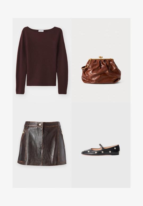 Burgundski pleteni pulover s širokim izrezom in dolgimi rokavi. Mehka tekstura, ravna oblika na robu, brez vidnih okrasnih elementov.; Burgundska satenska srajca z dolgimi rokavi in poševnim ovratnikom ter zapenjanjem na gumb, prikazana na ravni površini proti beli ozadju.; Rjava usnjena mini krilo z elegantno zasnovo, dvema stranskima žepoma na zadrgo in kontrastnim šivanjem ob robovih.; Črne usnjene Mary Jane balerinke z zaobljenim noskom, opremljene z zlatimi krožnimi mošnjo in nastavljivim trakom z zaponko.; Rjava usnjena torba s zlatim zapirnom okvirom in kratko zlatno verižico, ki ima mehak, nabran videz na belem ozadju.