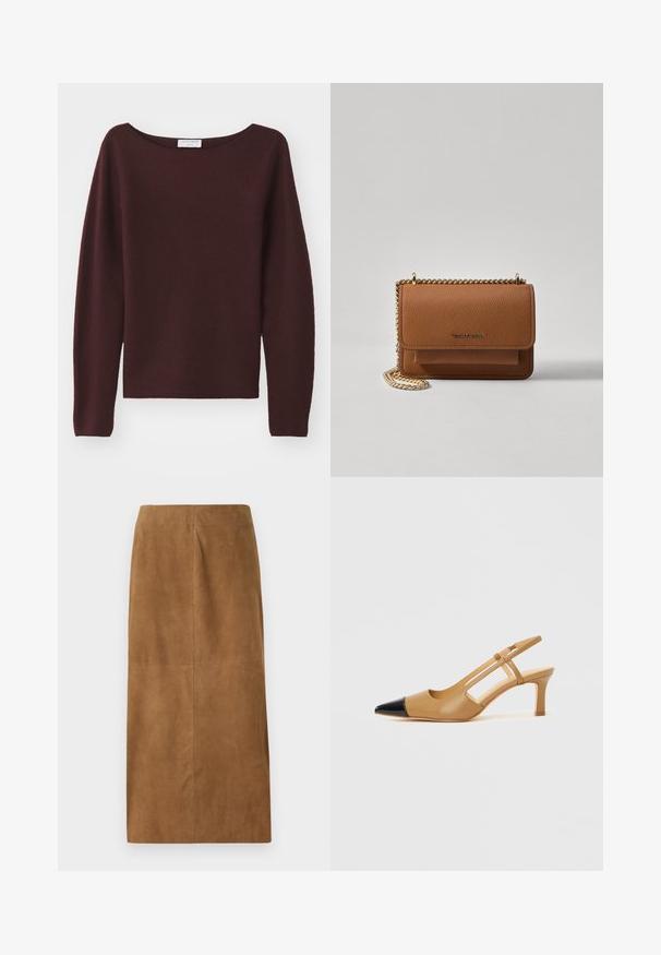 Suéter de punto burdeos con un amplio escote barco y mangas largas. Textura suave, corte recto en el dobladillo, sin adornos visibles.; Falda midi de ante marrón con corte recto, textura suave y costuras limpias. No presenta cierres visibles ni acentos adicionales.; Tacones slingback color tostado con puntera negra puntiaguda, con laterales recortados y tacón cuadrado de altura media. Material de cuero liso.; Bolso crossbody de cuero texturizado marrón con correa de cadena dorada y cierre de solapa. La parte frontal presenta un detalle de logo y un bolsillo debajo de la solapa.