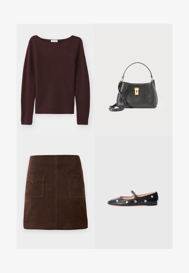 Burgunderrot gestrickter Pullover mit weitem U-Boot-Ausschnitt und langen Ärmeln. Weiche Textur, gerader Schnitt am Saum, keine sichtbaren Verzierungen.; Brauer Wildlederrock im klassischen A-Linien-Schnitt, mit zwei vorderen Taschen mit abgerundeten Klappen und dezenten Nähten.; Schwarze Leder-Mary-Jane-Ballenflats mit runder Zehenform, ausgestattet mit silbernen runden Nieten und einem verstellbaren Riemen mit Schnalle.; Schwarze Lederhandtasche mit strukturiertem Finish, mit einem goldenen Schlossverschluss, kurzen Tragriemen und einem abnehmbaren Schulterriemen.