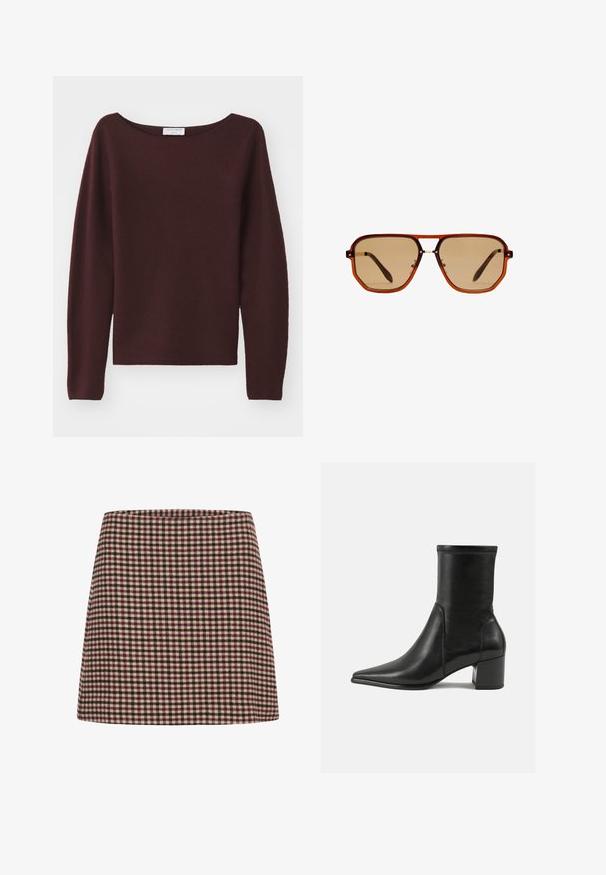 Burgunderrot gestrickter Pullover mit weitem U-Boot-Ausschnitt und langen Ärmeln. Weiche Textur, gerader Schnitt am Saum, keine sichtbaren Verzierungen.; Ein rot-weißer kariert Minirock mit geradem Schnitt und strukturiertem Stoff. Keine sichtbaren Verschlüsse oder Verzierungen.; Schwarze Knöchelstiefel aus glattem Leder, mit spitzem Zehenbereich, einem Blockabsatz und markanten, raised stitching am oberen Rand.; Braune achteckige Sonnenbrille mit einem transparenten, bernsteinfarbenen Rahmen und braun getönten Gläsern. Verfügt über eine Metallverzierung am Steg und schlanke Bügel.; Braune Wildleder-Umhängetasche mit zwei Griffen, einem Knopfverschlussriemen und einer entspannten, leicht schlaffen Form.