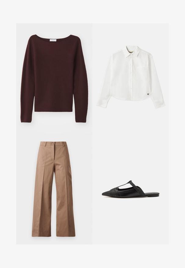 Bordeaux neulepusero, jossa on leveä venepääntie ja pitkät hihat. Pehmeä rakenne, suora leikkaus helmassa, ei näkyviä koristeita.; Valkoinen lyhytcroppinen pitkähihainen paita, joka on valmistettu puuvillasta. Siinä on nappisuljenta edessä, rintatasku ja pieni musta logo vasemmassa alakulmassa.; Ruske leve-legged hlače iz gladkega materiala, z sprednjim gumbom, dvema sprednjima žepoma in čistimi, krojenimi linijami.; Musta nahkasandaali, jossa on terävä kärki, somistettuna kudotulla yksityiskohdalla ja pleatatuilla yläosilla. Litteä pohja, jossa on vähäisiä tarvikkeita.