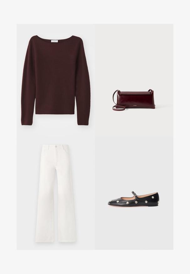 Bordeaux gebreide trui met een ruime bootnek en lange mouwen. Zachte textuur, rechte snit aan de onderkant, geen zichtbare versieringen.; Witte, hoogwaist, wijde jeans van denim. Heeft een knoopsluiting, twee voorkruiszakken en zijnaadstiksel details.; Zwarte leren Mary Jane ballerina met een ronde neus, voorzien van zilveren ronde studs en een verstelbaar bandje met een gesp.; Bordeaux lederen schoudertas met een gladde textuur, rechthoekige vorm, klep sluiting en een dunne verstelbare schouderband. Gouden logo detail zichtbaar.