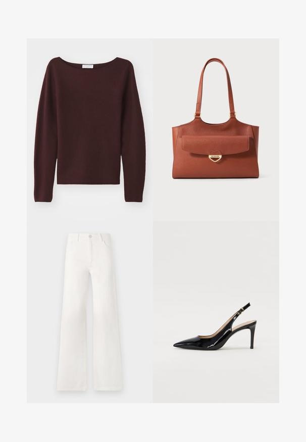 Suéter de punto burdeos con un amplio escote barco y mangas largas. Textura suave, corte recto en el dobladillo, sin adornos visibles.; Jeans blancos de tiro alto y pierna ancha, confeccionados en denim. Cuentan con un cierre de botón, dos bolsillos frontales y costuras con detalles en las costuras laterales.; Zapatos de charol negro con tirante al tobillo, punta afilada, tacón delgado y un diseño de corte sutil. Presenta una hebilla dorada en la correa.; Bolso tote de cuero marrón con asas largas, bolsillo con tapa en la parte frontal y cierre en forma de corazón dorado grabado con "Love Moschino".