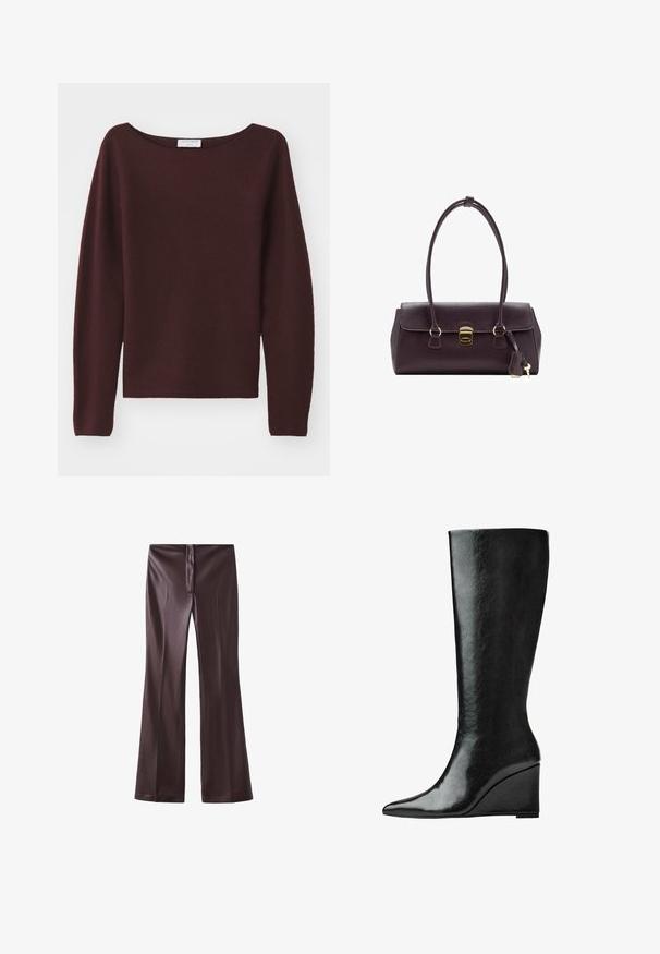 Burgundski pleteni pulover s širokim izrezom in dolgimi rokavi. Mehka tekstura, ravna oblika na robu, brez vidnih okrasnih elementov.; Rjave široke hlače iz gladkega materiala z elegantnim zaključkom. Imajo sprednji zadrgo in čisto pasu.; Črne usnjene škornje do kolen s sleek, koničastim nosom in klinastim peto. Površina je gladka z sijočim slojem.; Bordo usnjeni ročno izdelan nahrbtnik s strukturiranim oblikovanjem, kratkimi ročaji, zlatim pravokotnim zapiranjem in odstranljivim dodatkom v obliki pompona.
